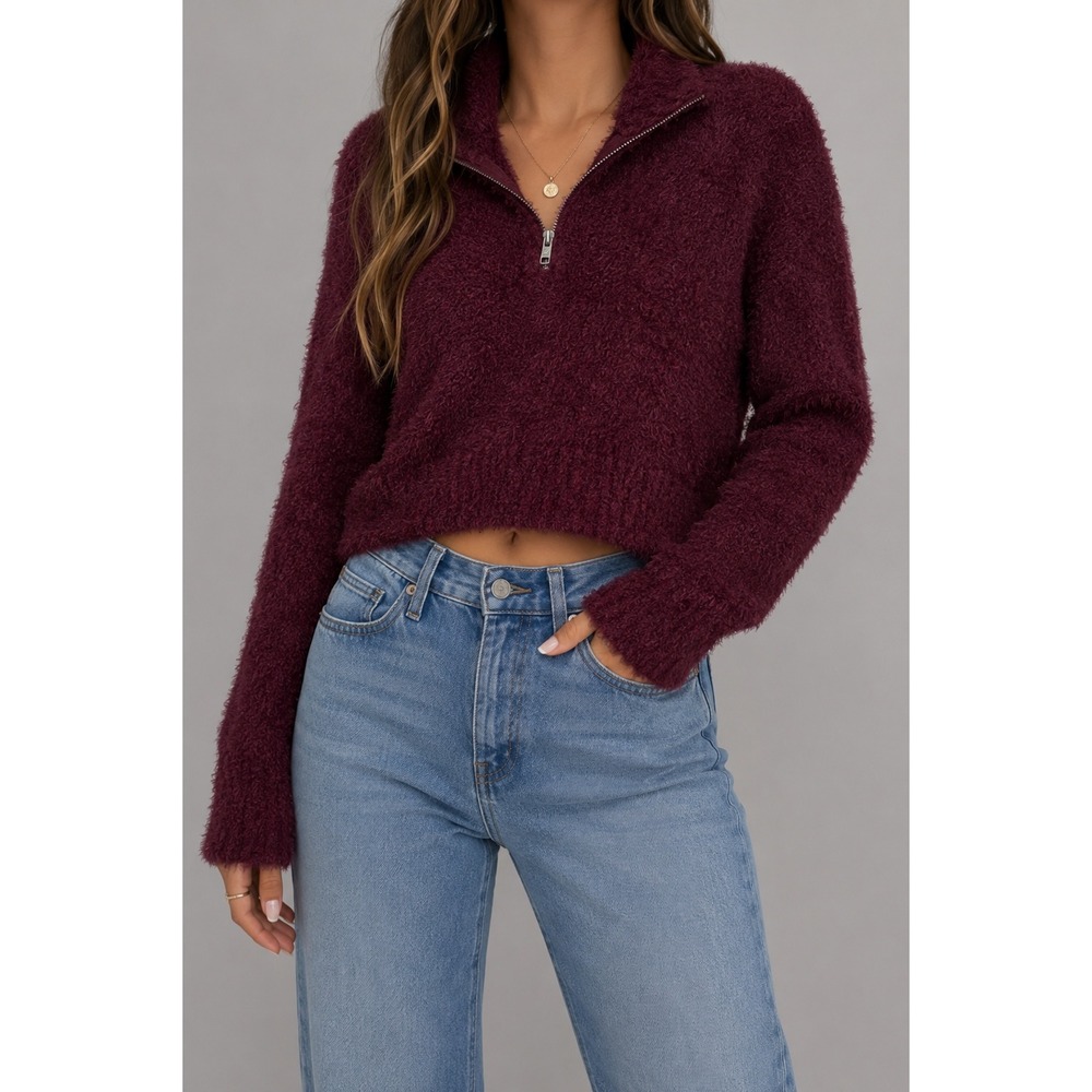 Hollister Burgundy Eyelash Knit Quarter Zip Cropped Sweater XS